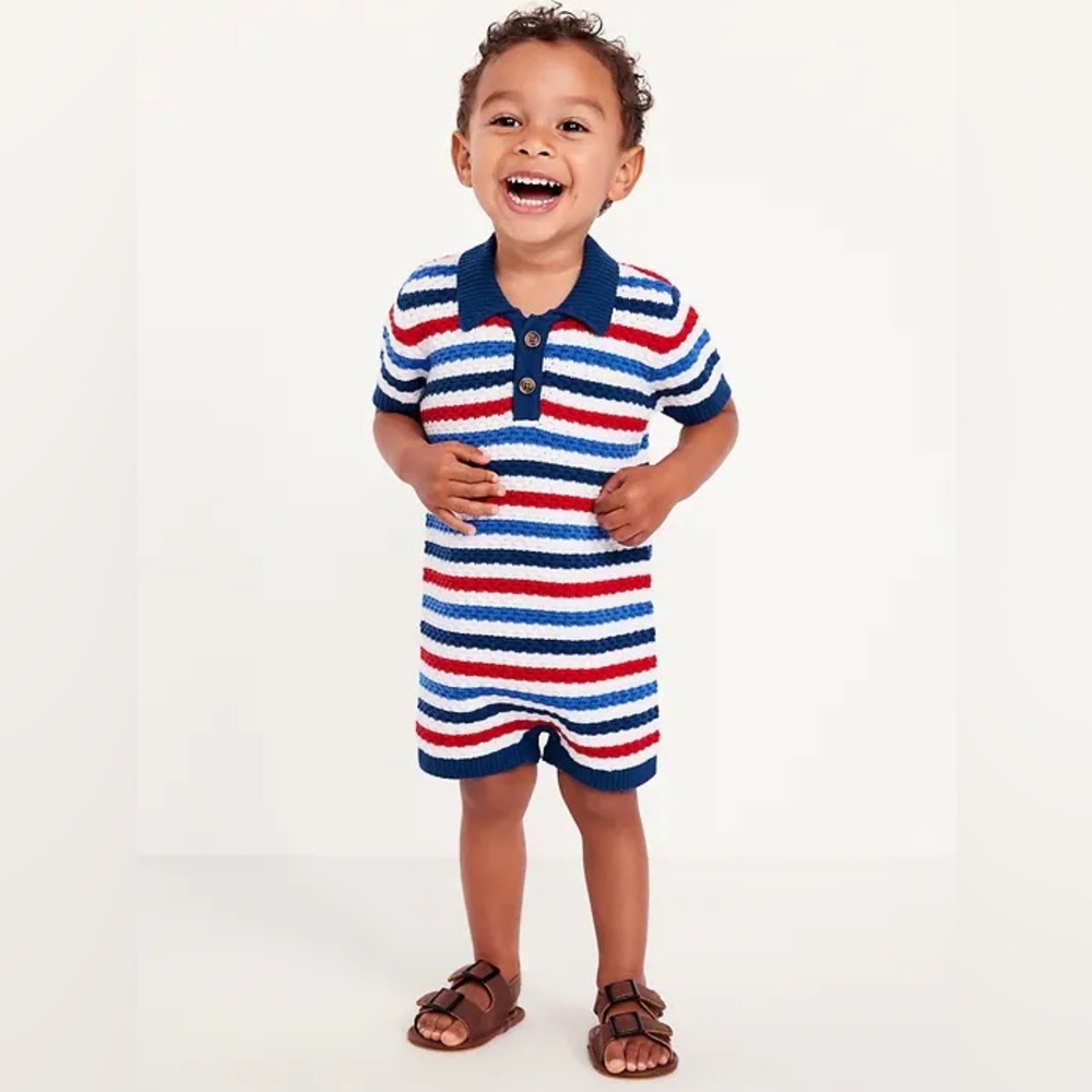 Old Navy Sweater-Knit Polo One-Piece Romper for Baby in Red, White & Blue 🇺🇸